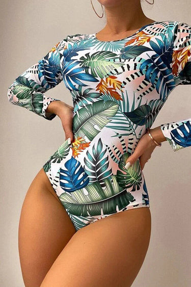 Plant Print Lace-Up Back Long Sleeve Rash Guard – Nature-Inspired Elegance & Performance
